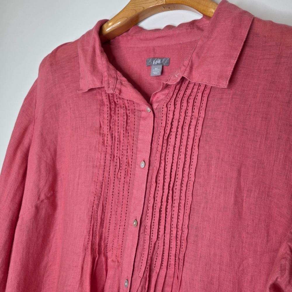 J Jill Linen Button Up Top Sz 2X Pink Pintuck Long Roll Tab Sleeve Boho Beachy - Picture 2 of 13